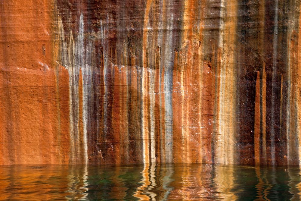 Mineral seeps on sandstone cliffs between Miners and Mosquito Beaches, Pictured Rocks National Lakeshore, Michigan.