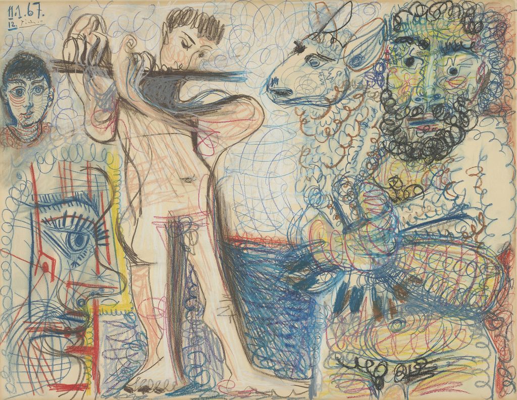Pablo Picasso. Man and Flute Player, 1967. The Art Institute of Chicago, restricted gift from the estate of Loula D. Lasker, © 2013 Estate of Pablo Picasso / Artists Rights Society (ARS), New York.