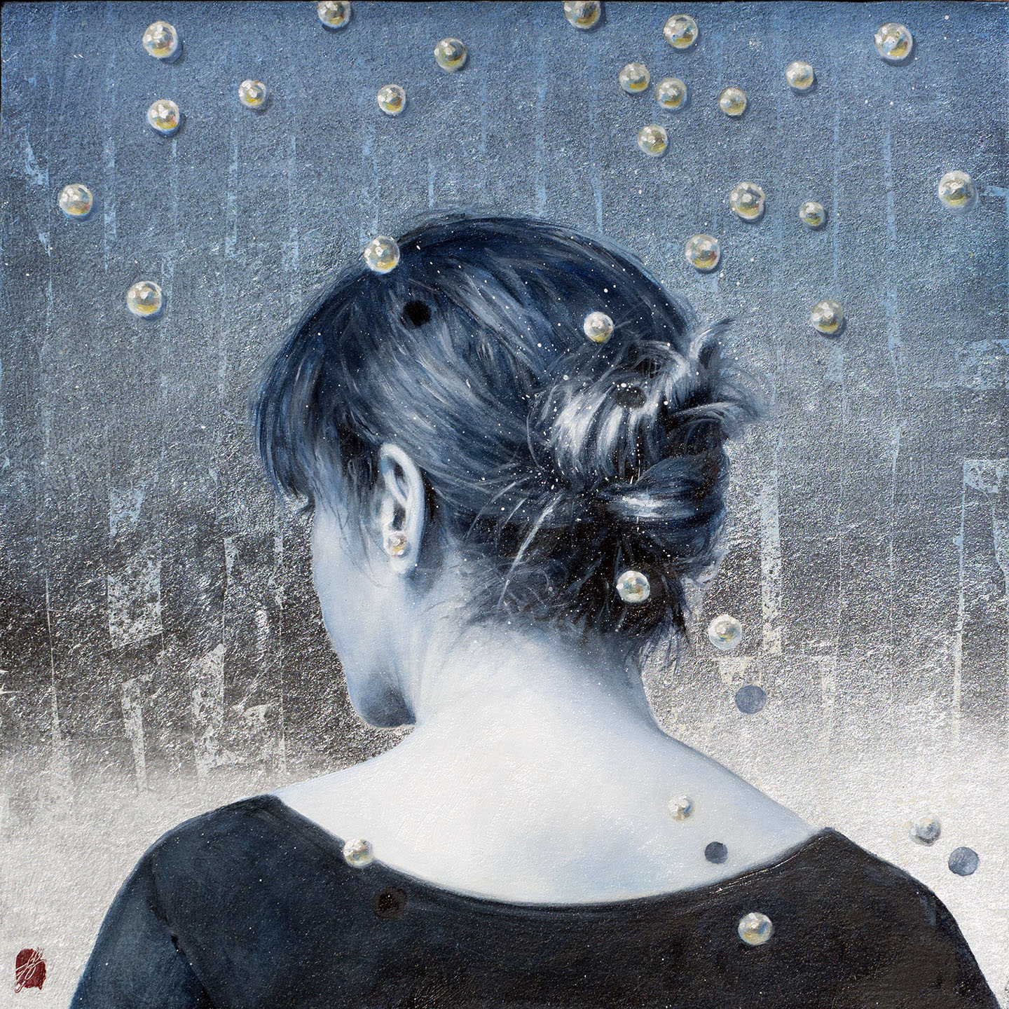 June Stratton, "Pearls in Blue" Oil and Silver Leaf, 12 x 12