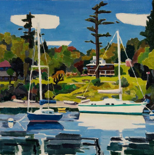 David Ridgway "2 Boats Friday Harbor" 16 x 16 Oil on linen