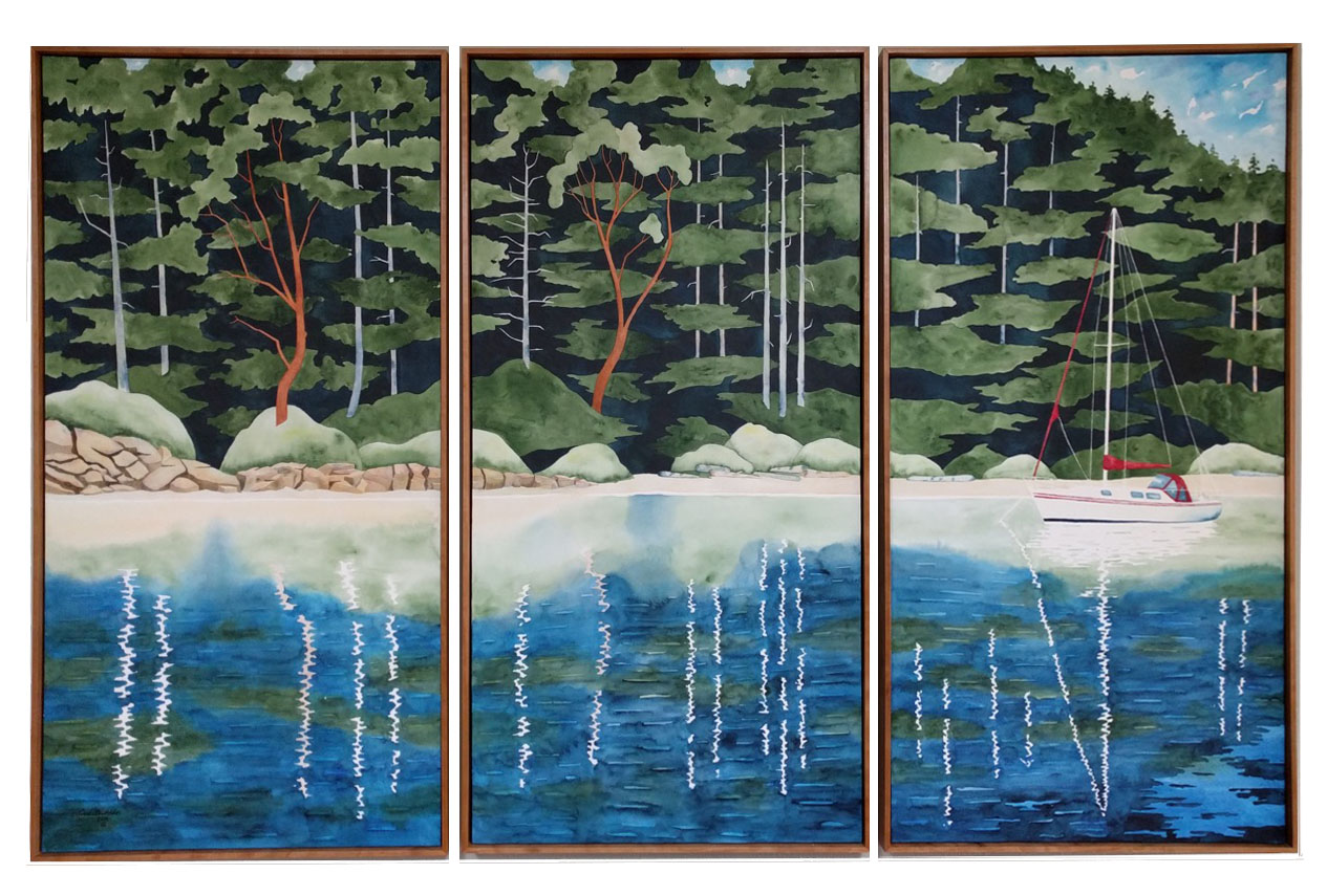 “Shallow Bay Triptych”, Watercolor, 3 at 56 x 28 inches each, 2017